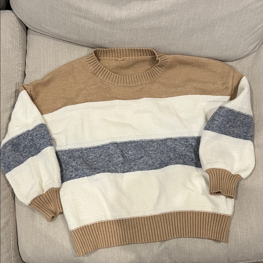 Pink Lily Tan, Cream, and Gray Striped Sweater